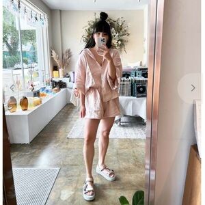Deiji Studios Linen Three-Quarter Sleeve Button-Up Top - Blush pink 100% linen